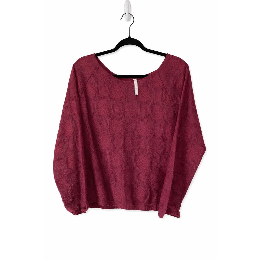 Paper‎ Crane Burgundy Lace Blouse Sheer Long Sleeve Scoop Neck Boho Romantic USA